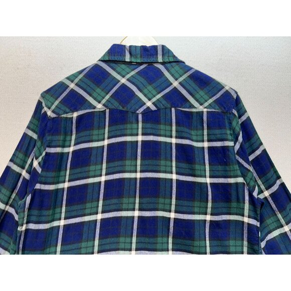 Jachs Girlfriend Flannel Snap Front Shirt Sz M Blue Green Plaid Stretch Comfort - Picture 12 of 13